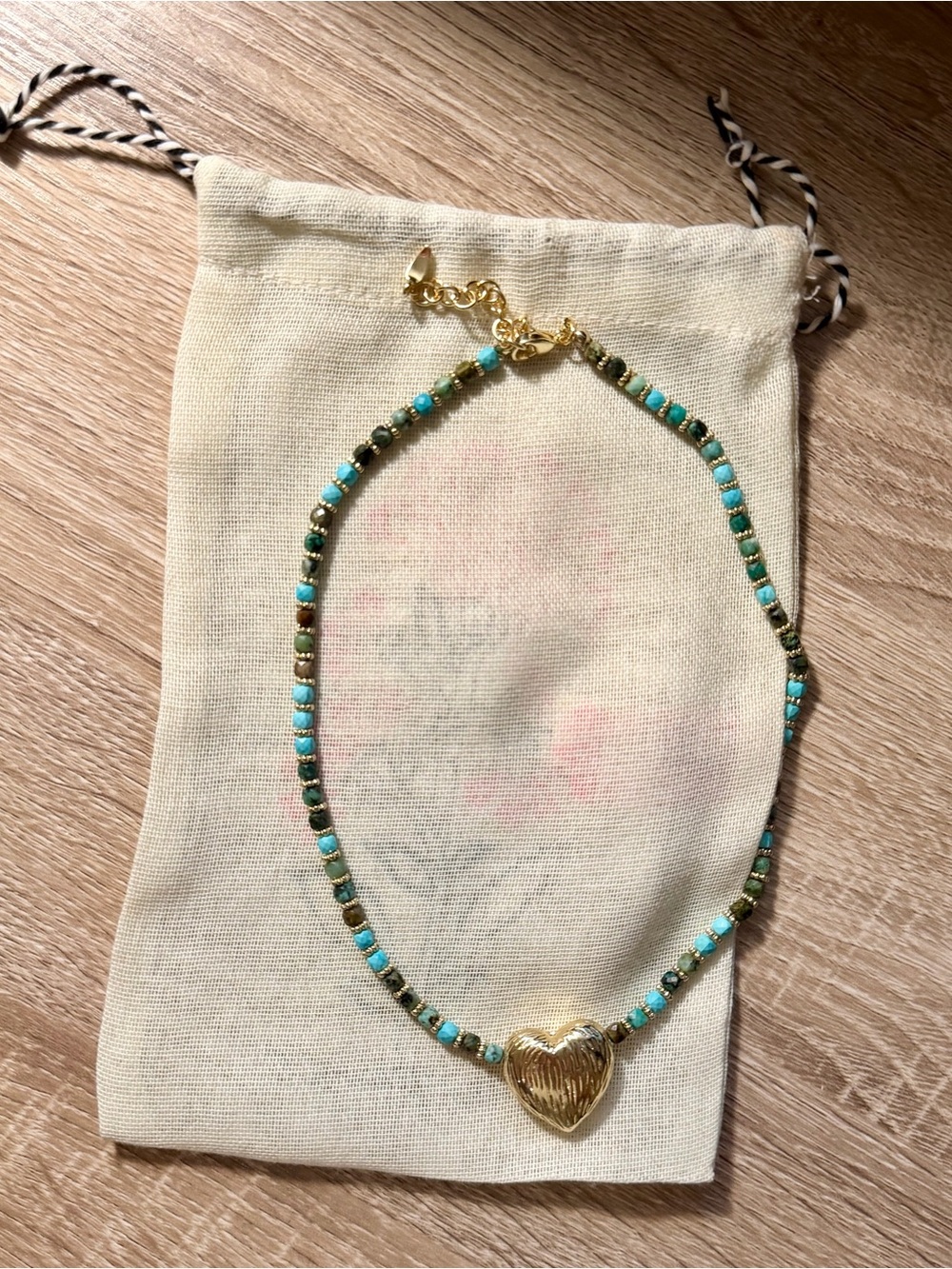 Blue, Green, Gold Beaded Necklace with Gold Heart